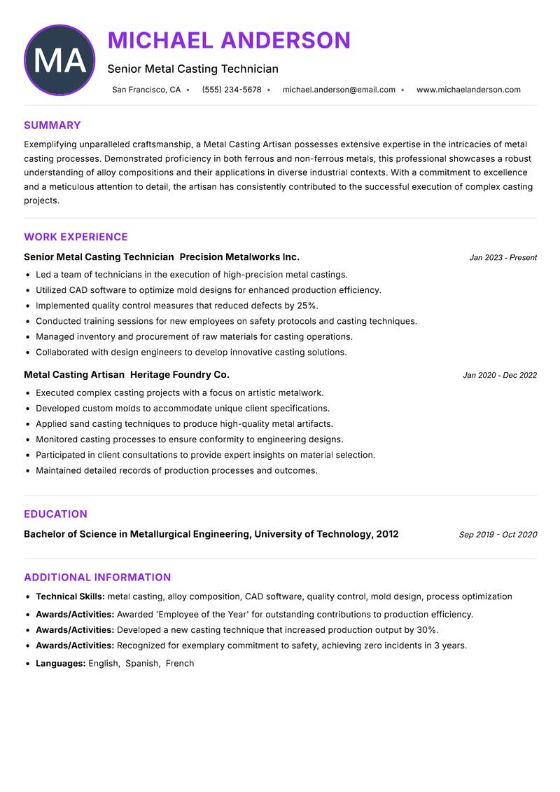 Metal Casting Artisan resume example