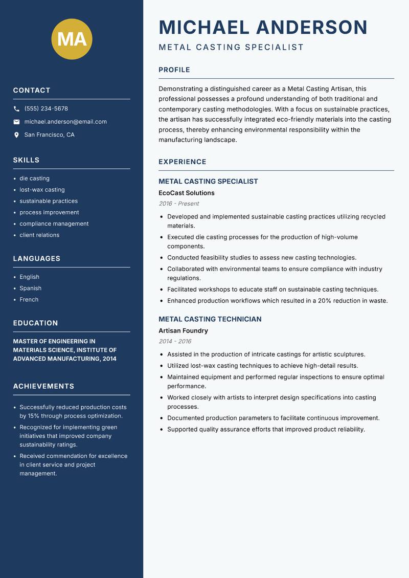 Metal Casting Artisan resume sample — Metal Casting Specialist focus