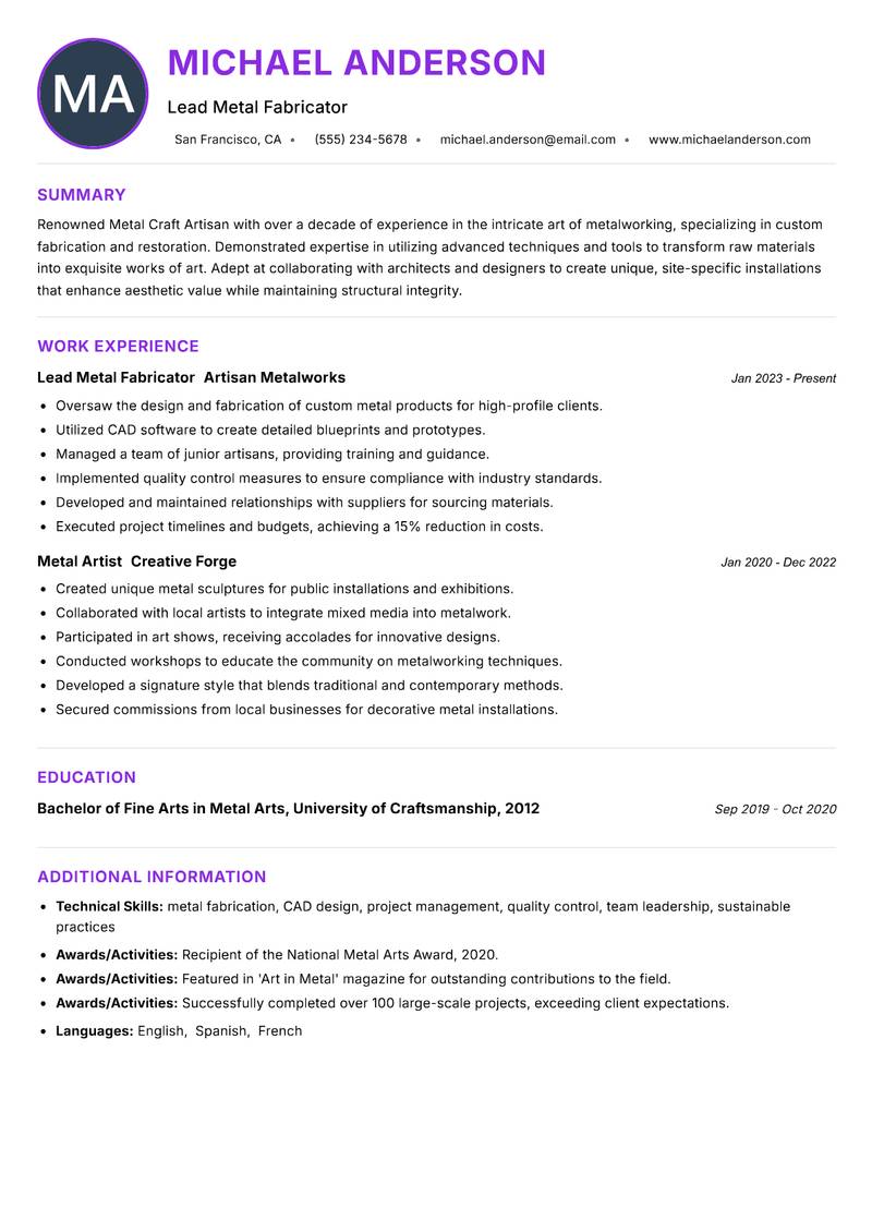 Metal Craft Artisan resume example