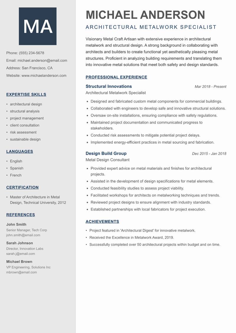 Metal Craft Artisan resume sample — Architectural Metalwork Specialist focus