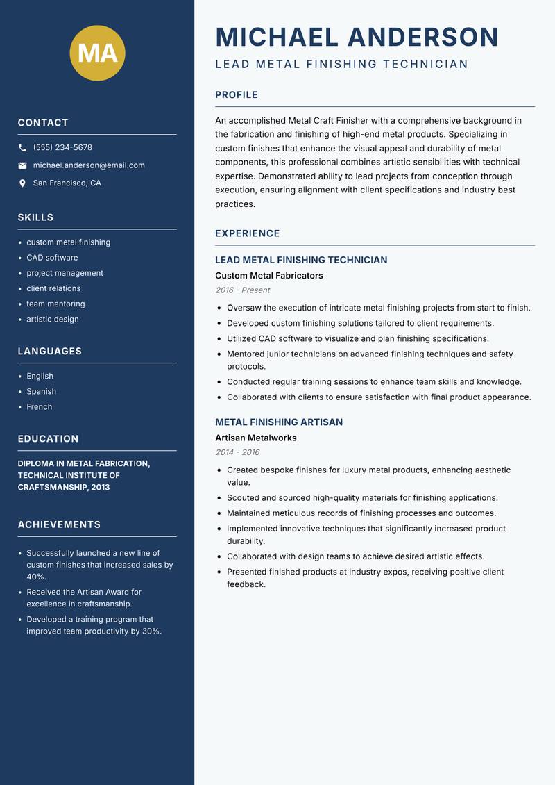Metal Craft Finisher resume sample — Lead Metal Finishing Technician focus