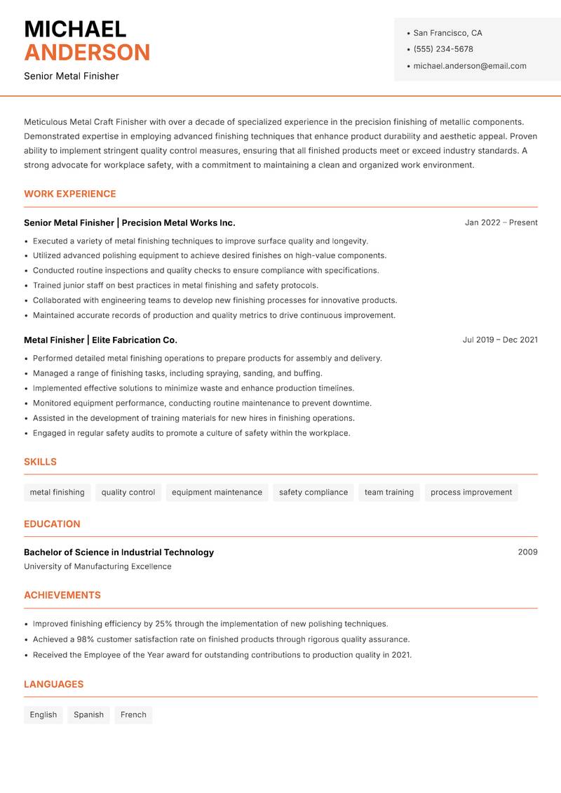 Metal Craft Finisher resume sample — Senior Metal Finisher focus