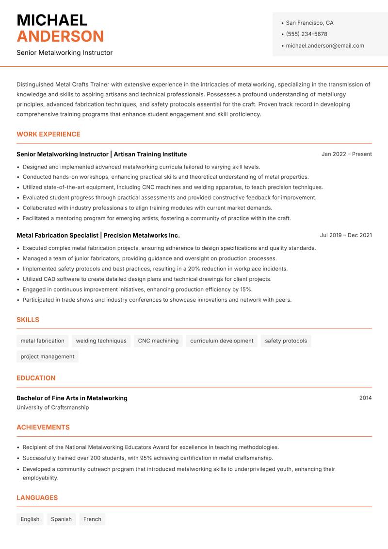 Metal Crafts Trainer resume sample — Senior Metalworking Instructor focus