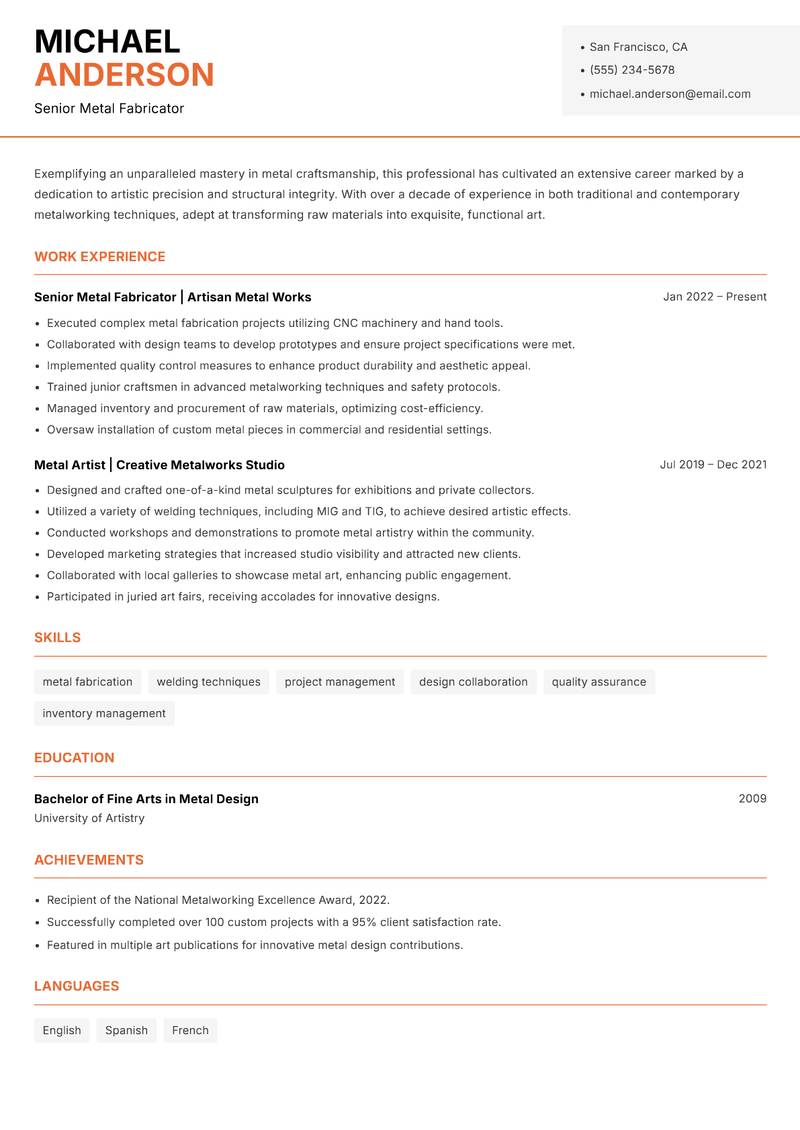 Metal Craftsman resume sample — Senior Metal Fabricator focus