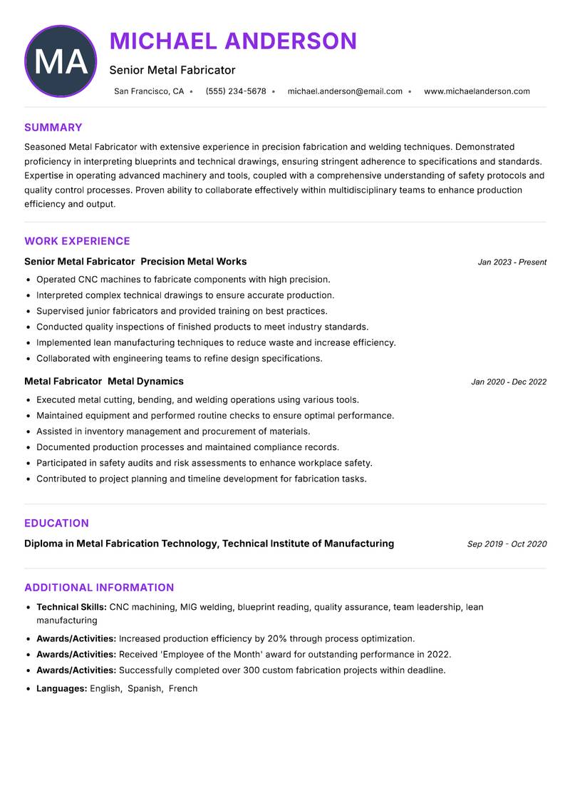 Metal Fabricator resume example