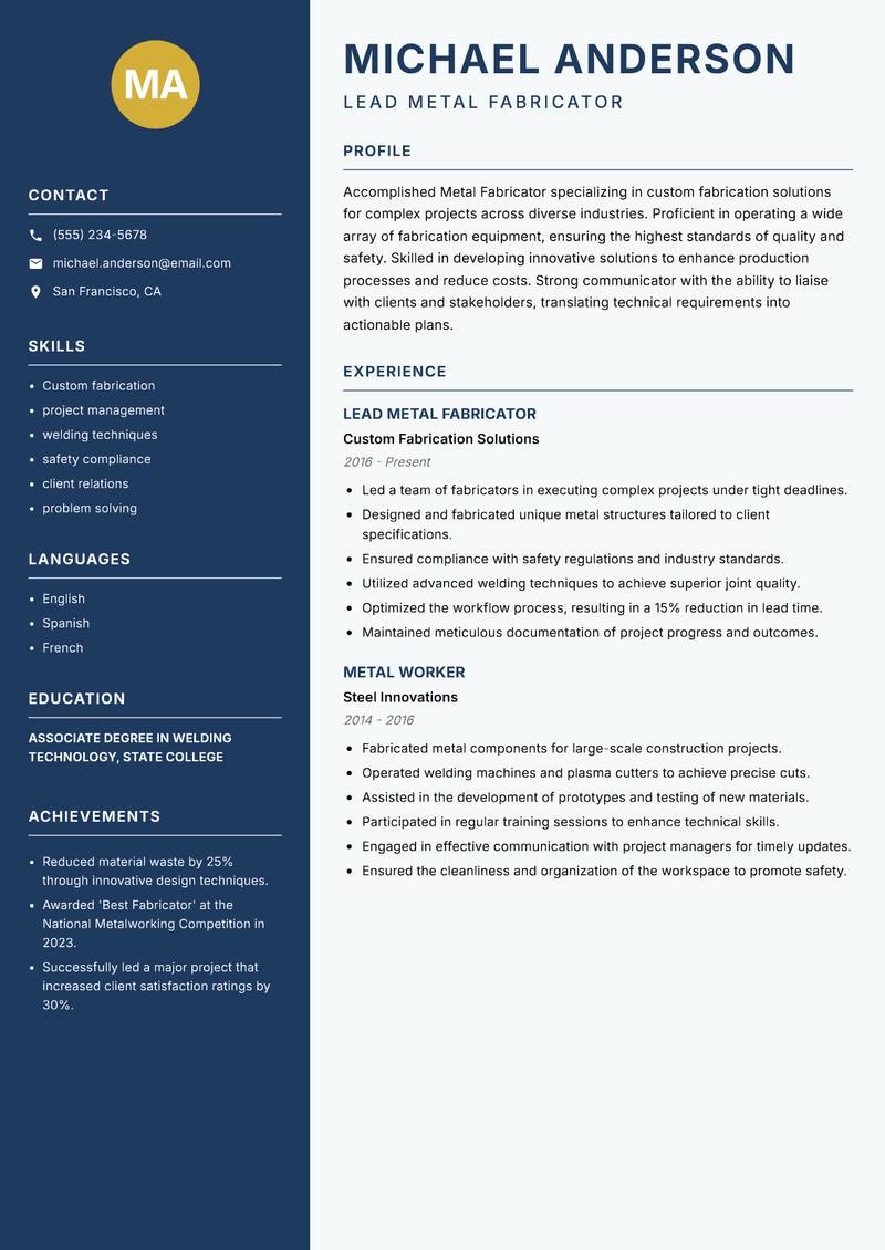 Metal Fabricator resume sample — Lead Metal Fabricator focus