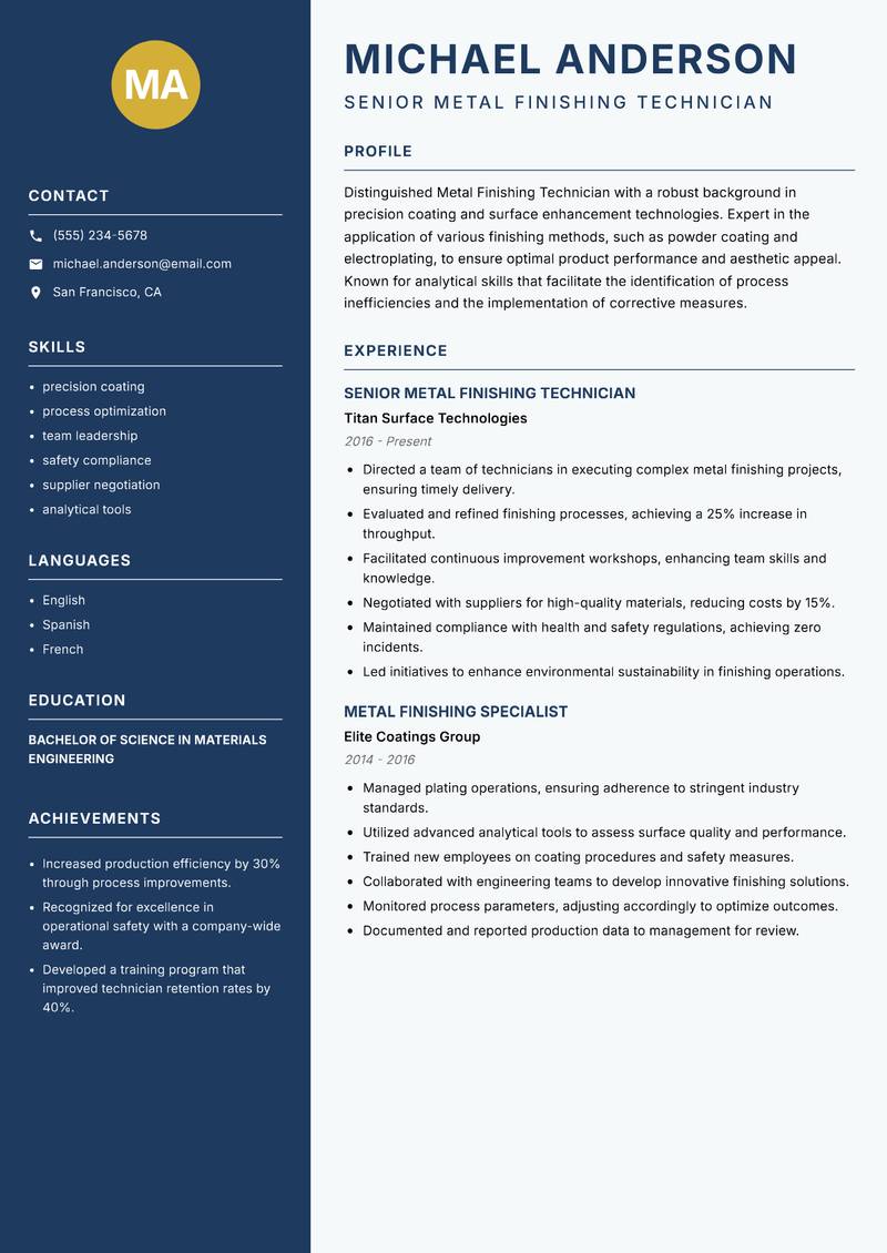 Metal Finishing Technician resume sample — Senior Metal Finishing Technician focus