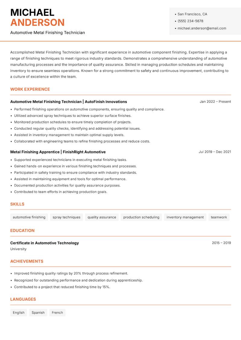 Metal Finishing Technician resume sample — Automotive Metal Finishing Technician focus