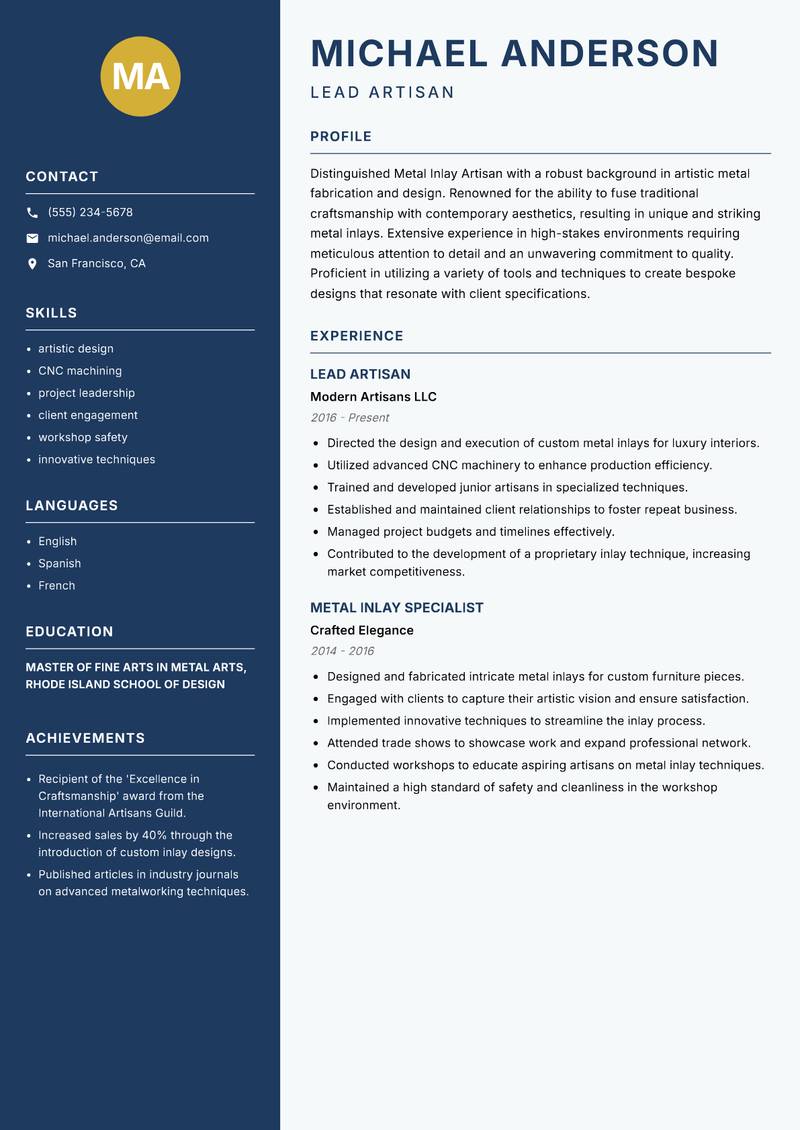Metal Inlay Artisan resume sample — Lead Artisan focus