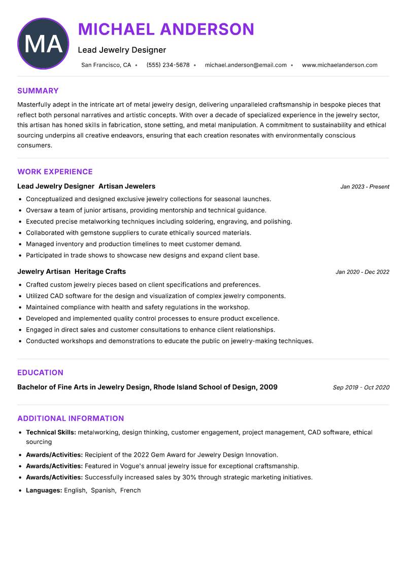 Metal Jewelry Artisan resume example