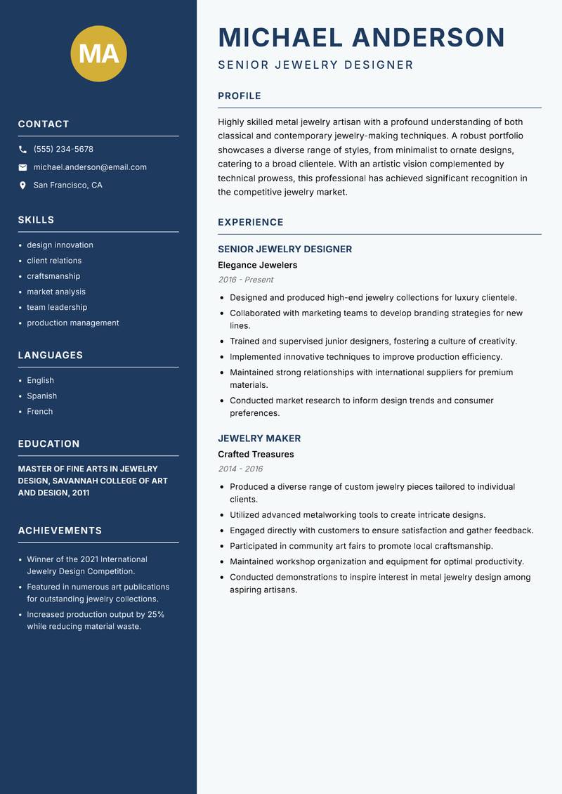 Metal Jewelry Artisan resume sample — Senior Jewelry Designer focus
