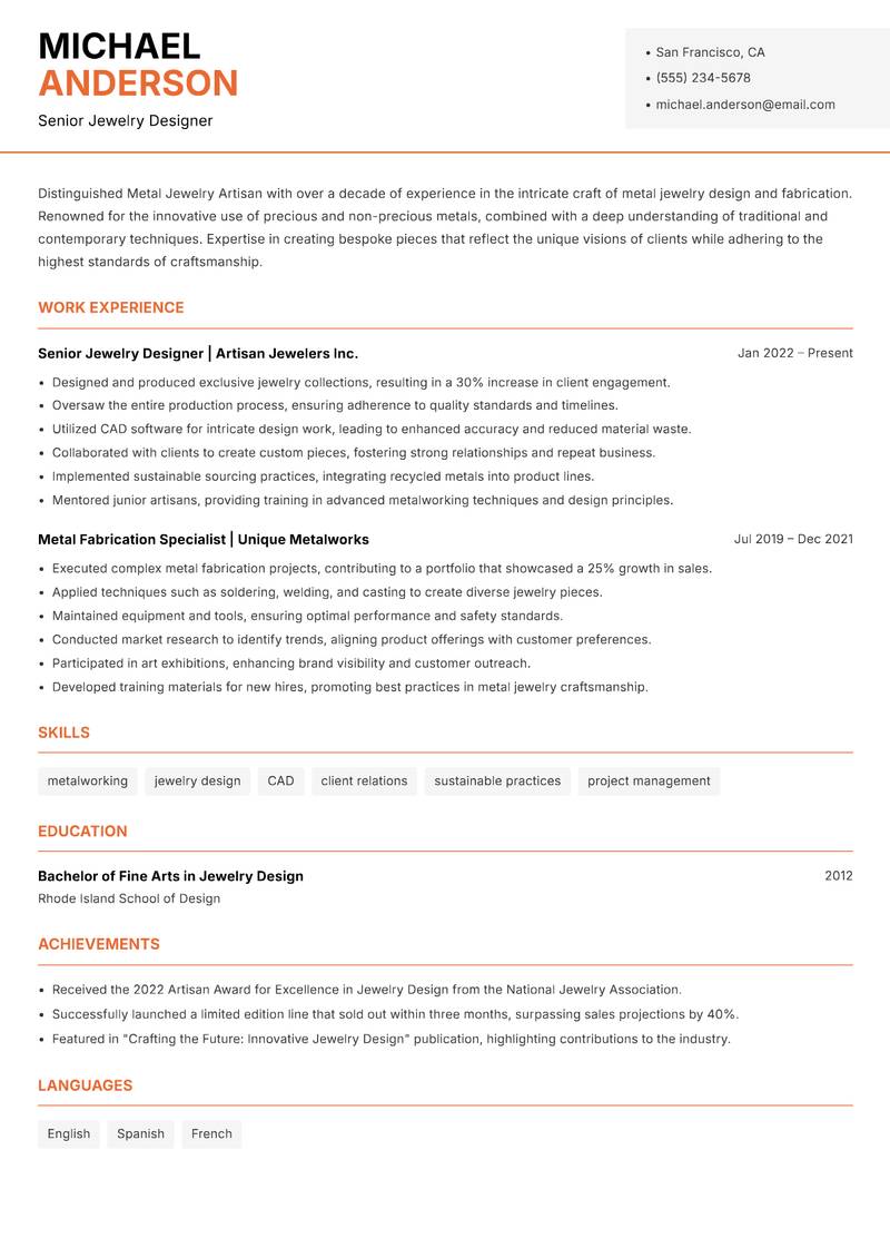 Metal Jewelry Artisan resume sample — Senior Jewelry Designer focus