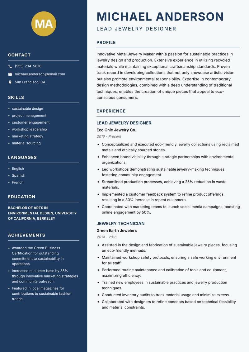 Metal Jewelry Maker resume sample — Lead Jewelry Designer focus