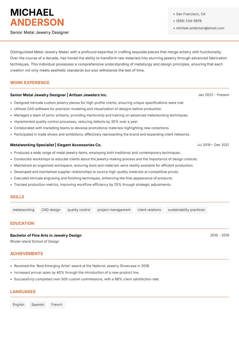 Metal Jewelry Maker resume sample — Senior Metal Jewelry Designer focus