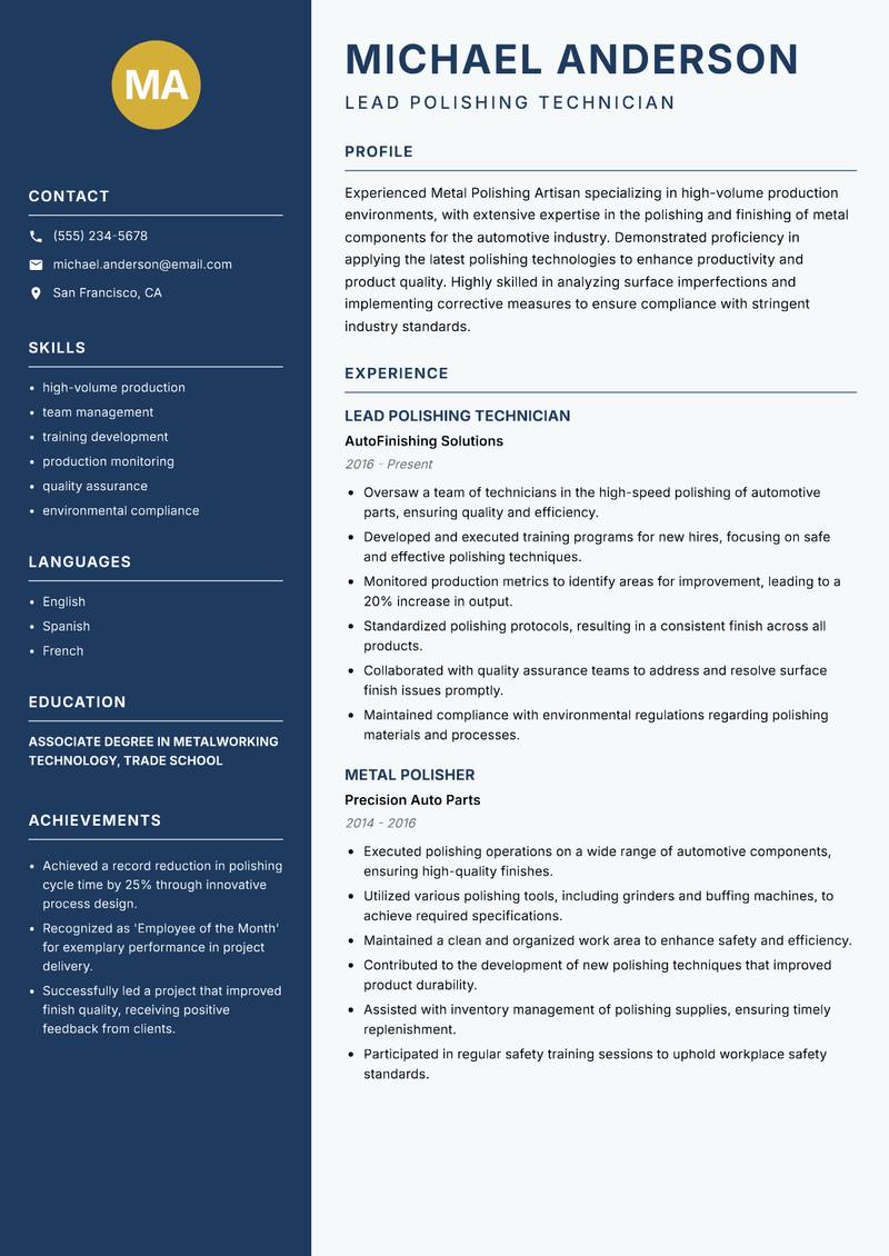 Metal Polishing Artisan resume sample — Lead Polishing Technician focus