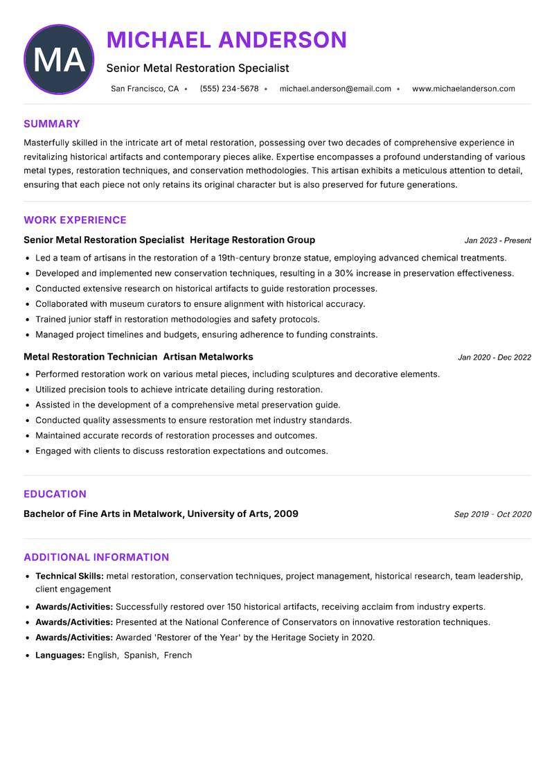 Metal Restoration Artisan resume example