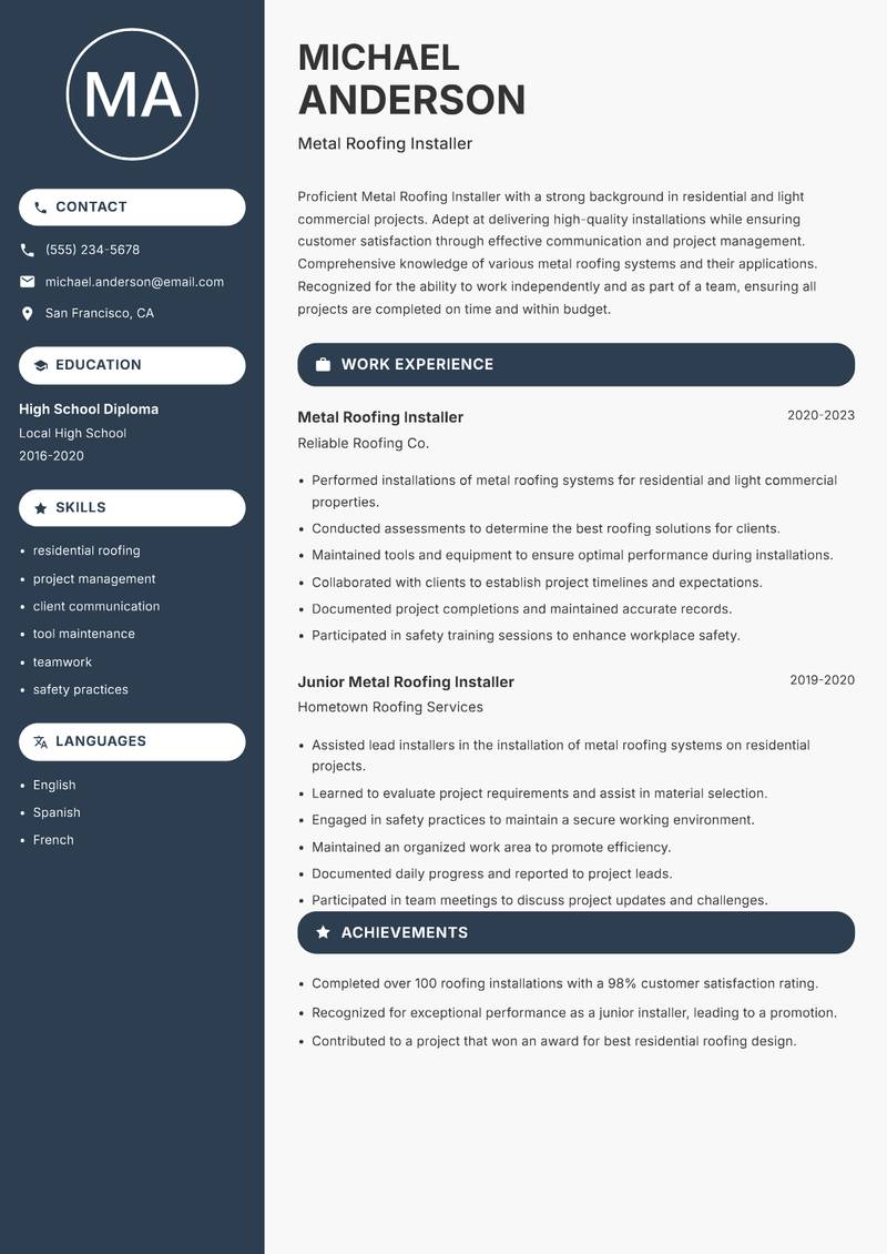 Metal Roofing Installer resume sample — Metal Roofing Installer focus