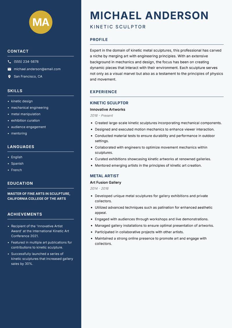 Metal Sculptor resume sample — Kinetic Sculptor focus