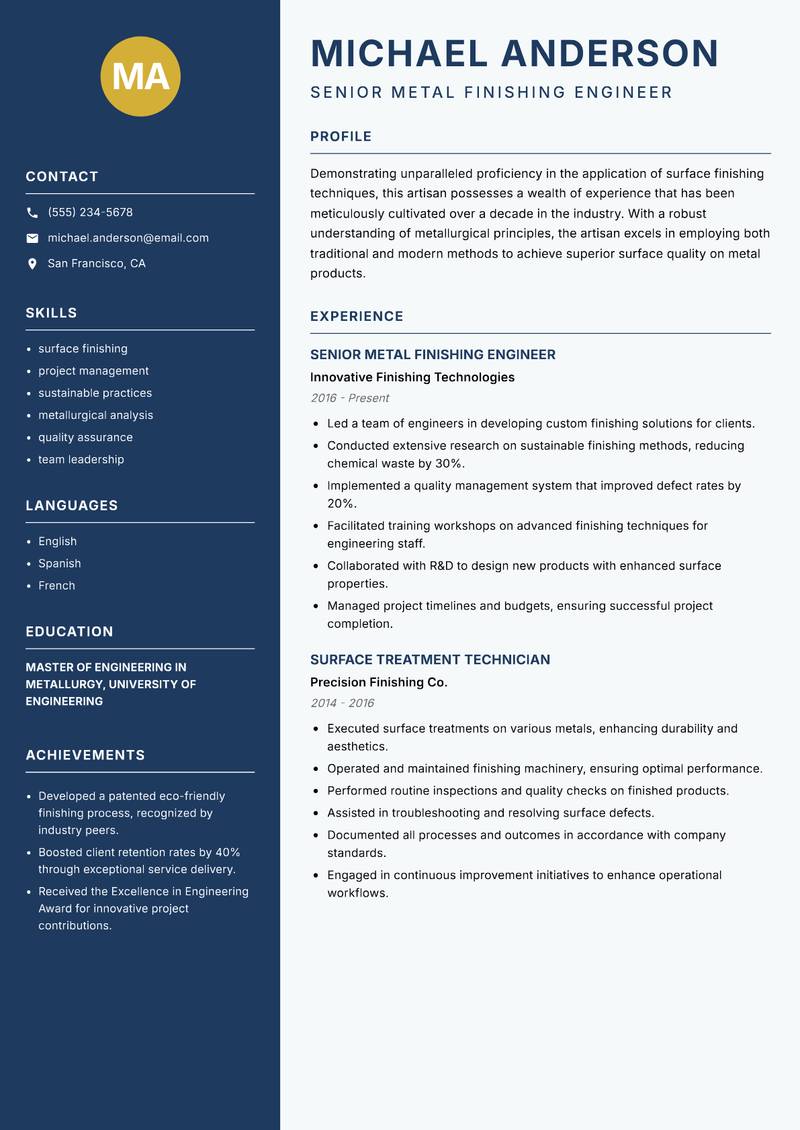 Metal Surface Finishing Artisan resume sample — Senior Metal Finishing Engineer focus