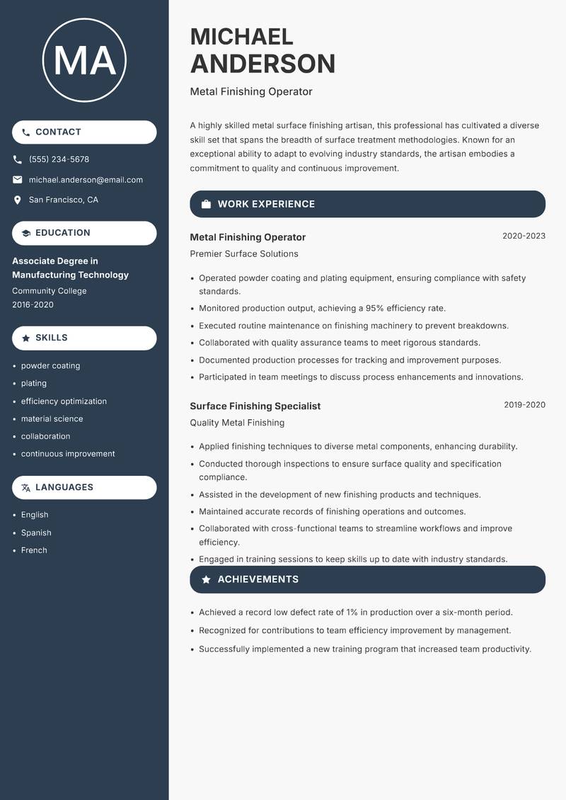 Metal Surface Finishing Artisan resume sample — Metal Finishing Operator focus