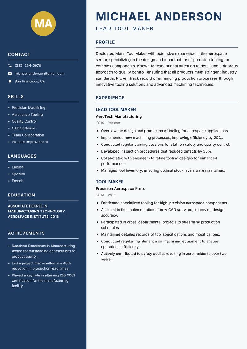 Metal Tool Maker resume sample — Lead Tool Maker focus