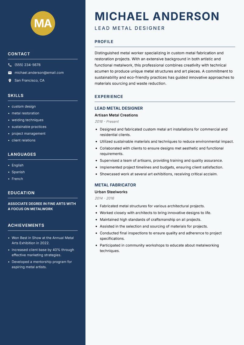 Metal Worker resume sample — Lead Metal Designer focus