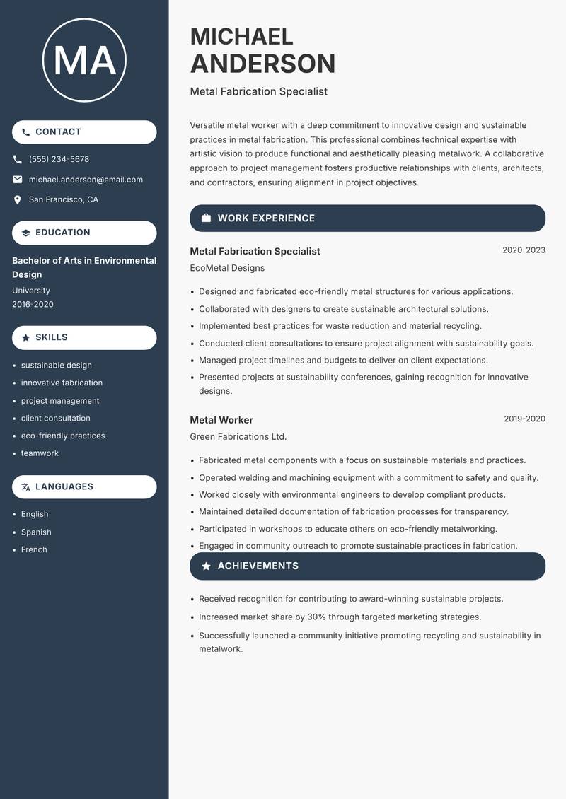 Metal Worker resume sample — Metal Fabrication Specialist focus