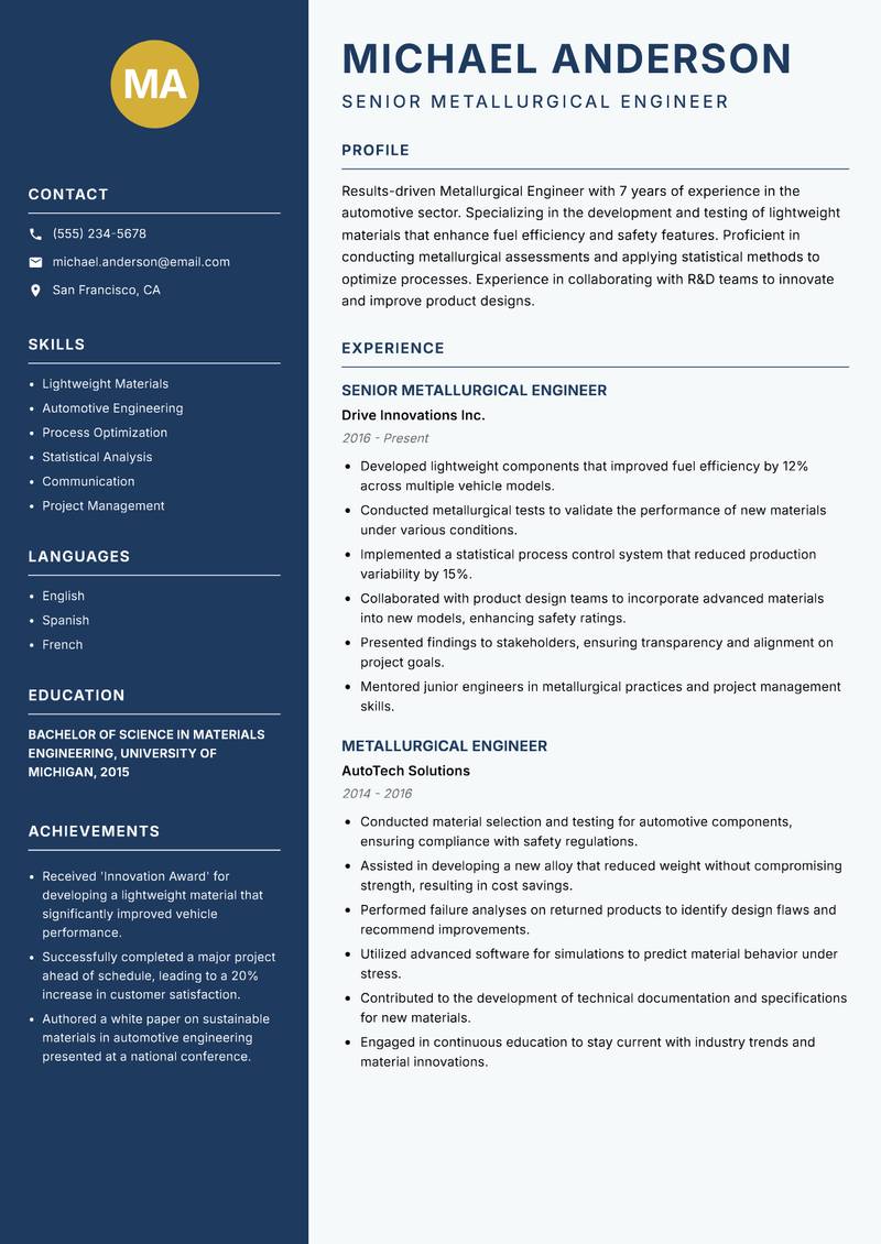 Metallurgical Engineer resume sample — Senior Metallurgical Engineer focus