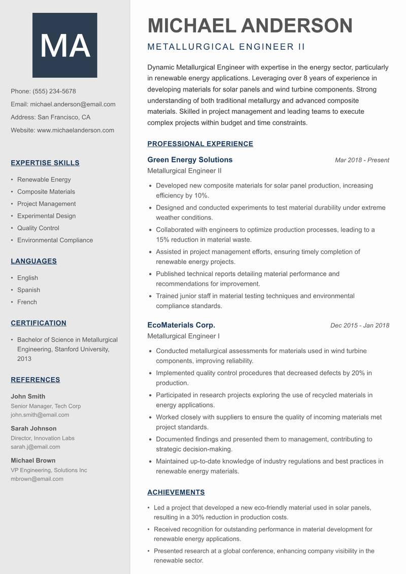Metallurgical Engineer resume sample — Metallurgical Engineer II focus