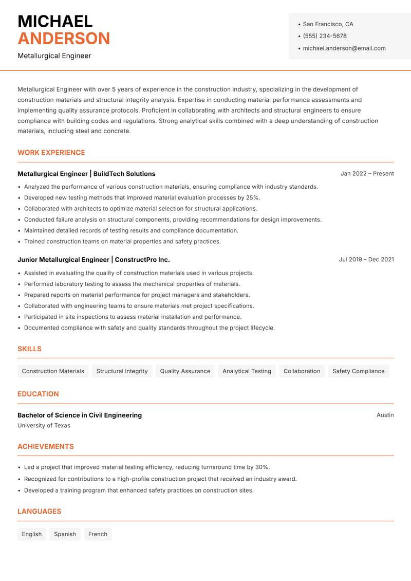Metallurgical Engineer resume sample — Metallurgical Engineer focus