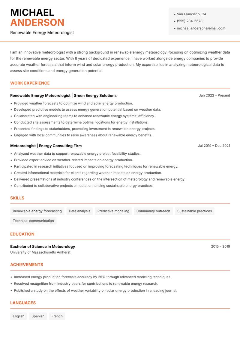 Meteorologist resume sample — Renewable Energy Meteorologist focus