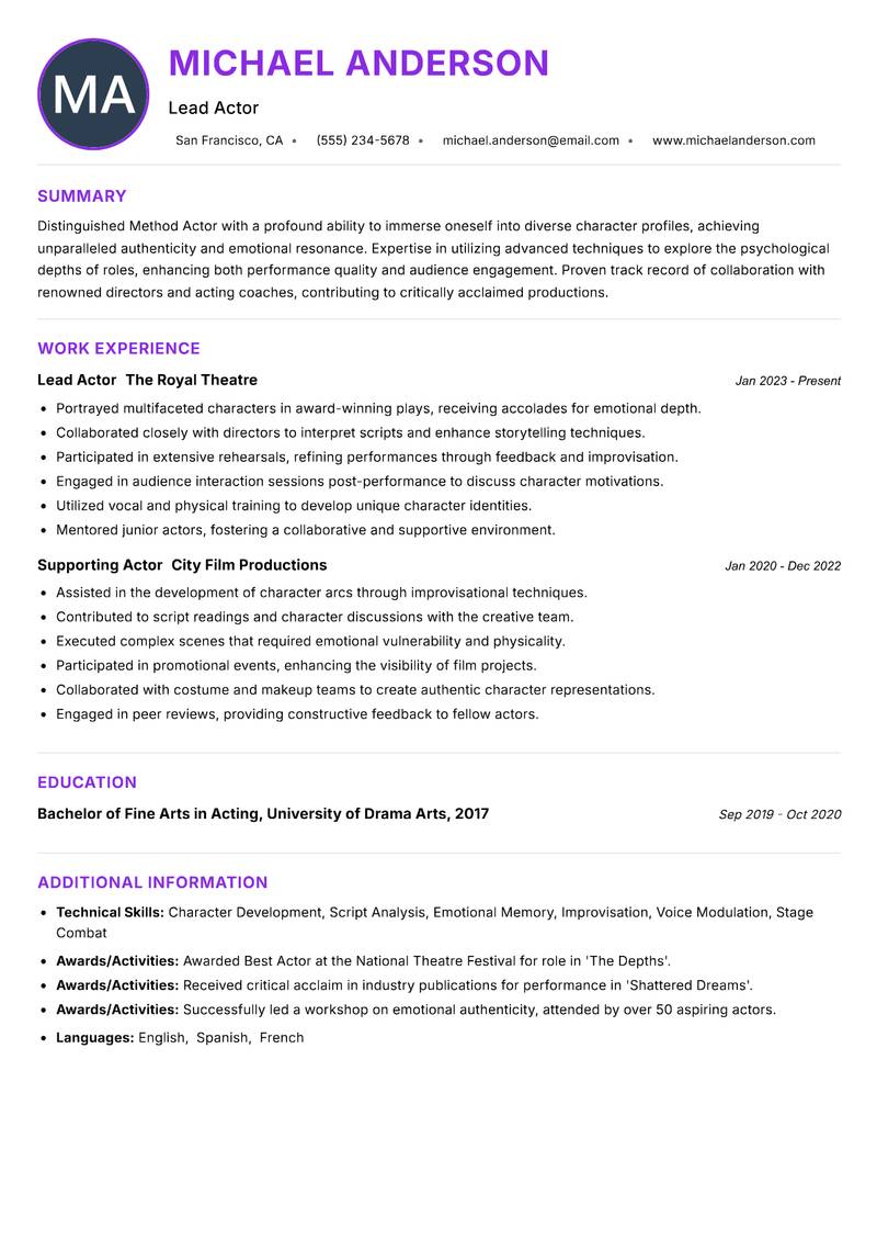 Method Actor resume example