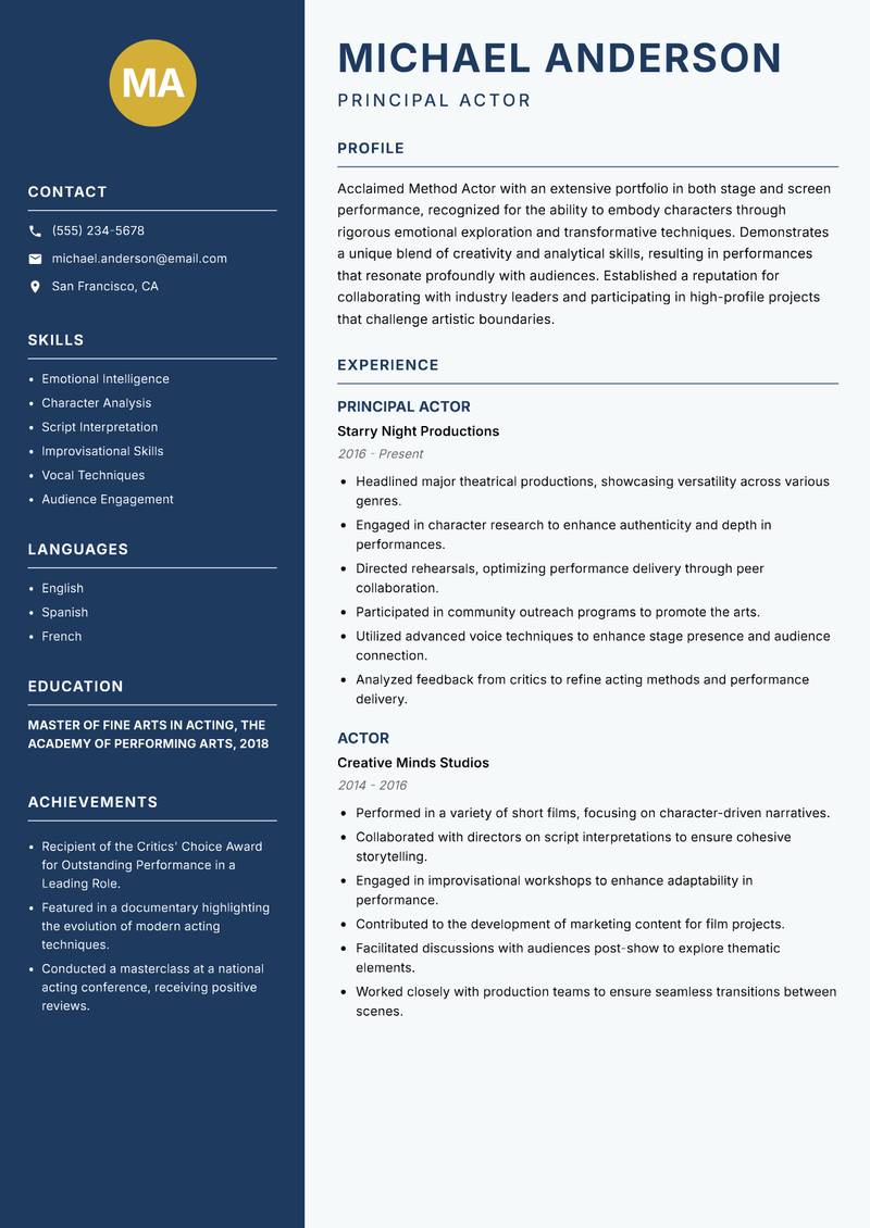 Method Actor resume sample — Principal Actor focus