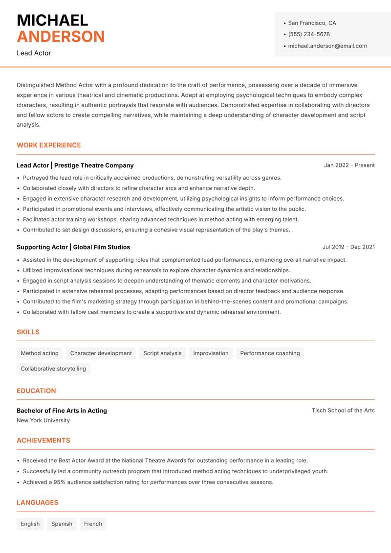 Method Actor resume sample — Lead Actor focus