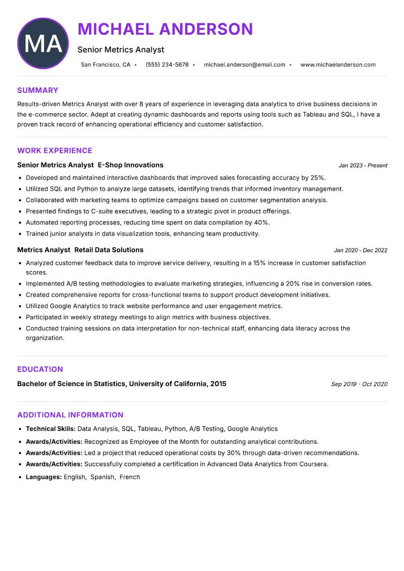Metrics Analyst resume example