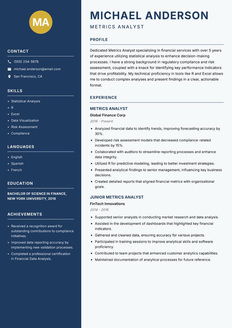 Metrics Analyst resume sample — Metrics Analyst focus