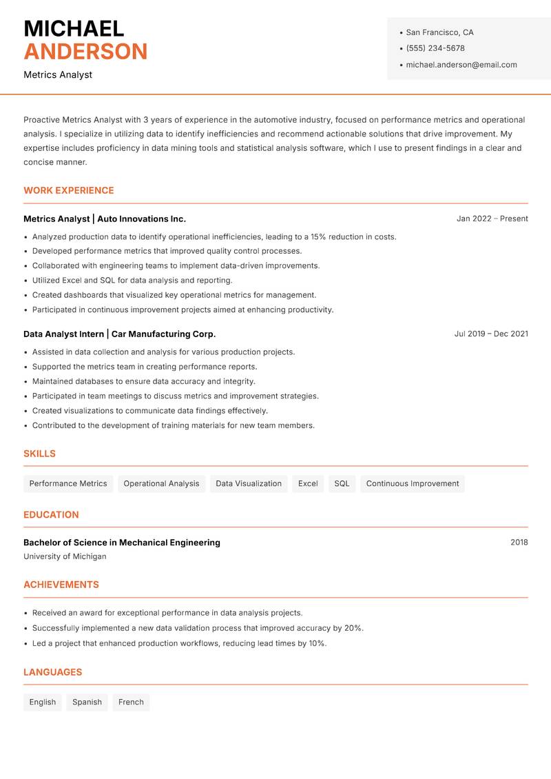 Metrics Analyst resume sample — Metrics Analyst focus