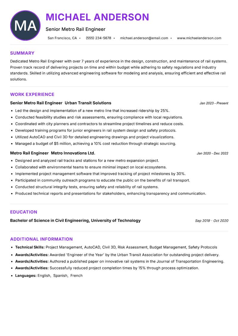 Metro Rail Engineer resume example