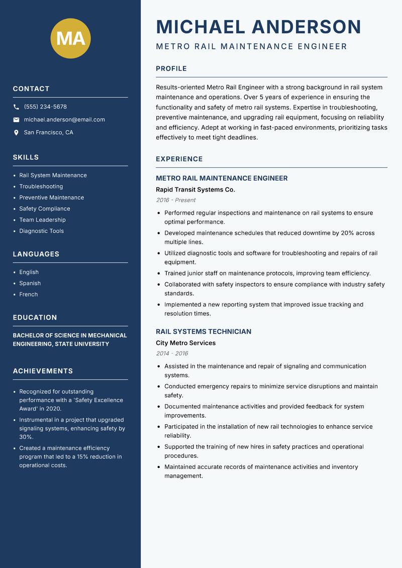 Metro Rail Engineer resume sample — Metro Rail Maintenance Engineer focus