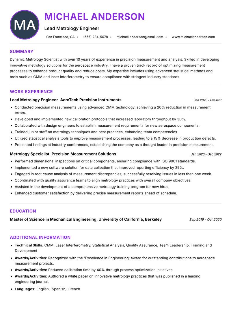Metrology Scientist resume example