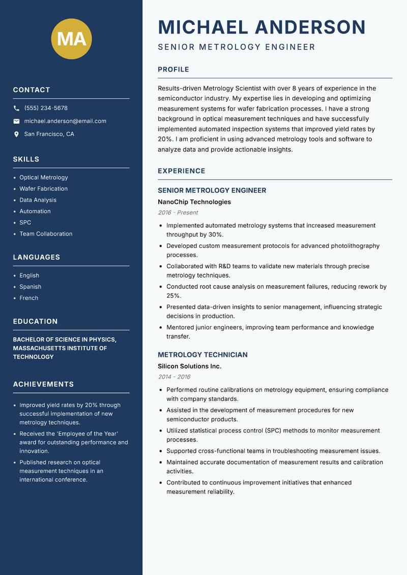 Metrology Scientist resume sample — Senior Metrology Engineer focus