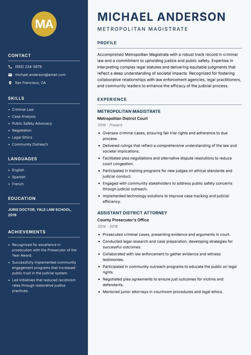 Metropolitan Magistrate resume sample — Metropolitan Magistrate focus