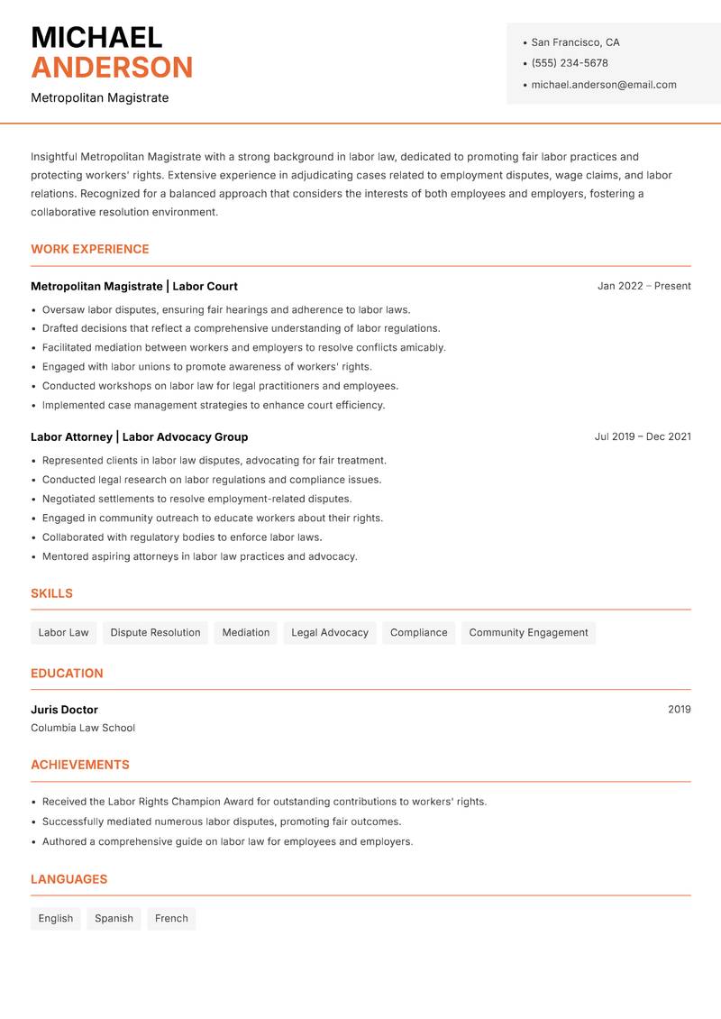 Metropolitan Magistrate resume sample — Metropolitan Magistrate focus