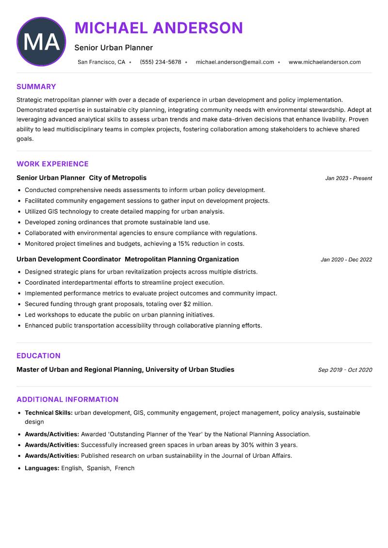 Metropolitan Planner resume example