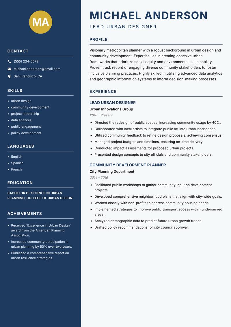Metropolitan Planner resume sample — Lead Urban Designer focus