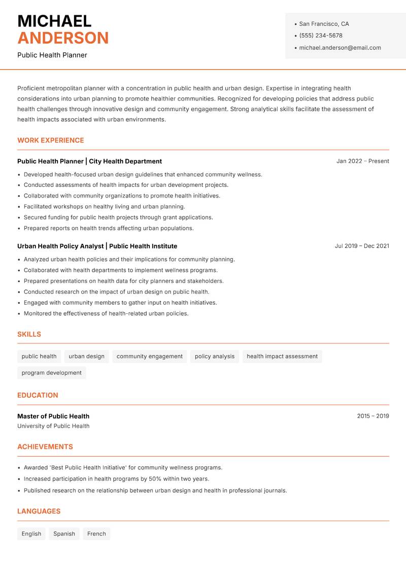 Metropolitan Planner resume sample — Public Health Planner focus