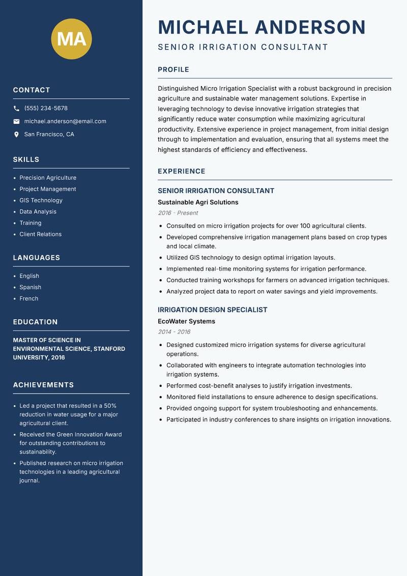 Micro Irrigation Specialist resume sample — Senior Irrigation Consultant focus