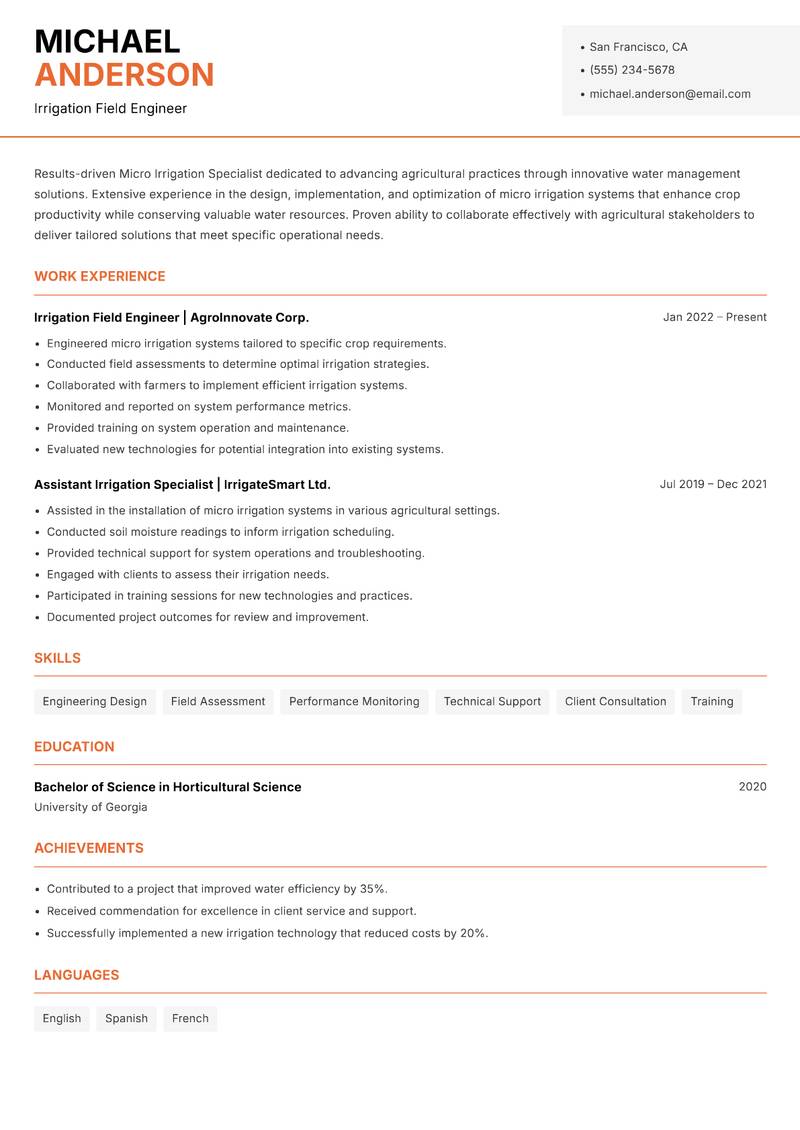 Micro Irrigation Specialist resume sample — Irrigation Field Engineer focus