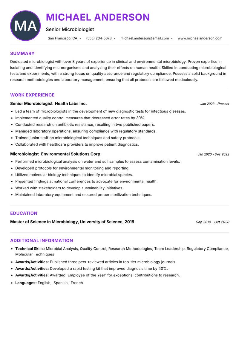 Microbiologist resume example