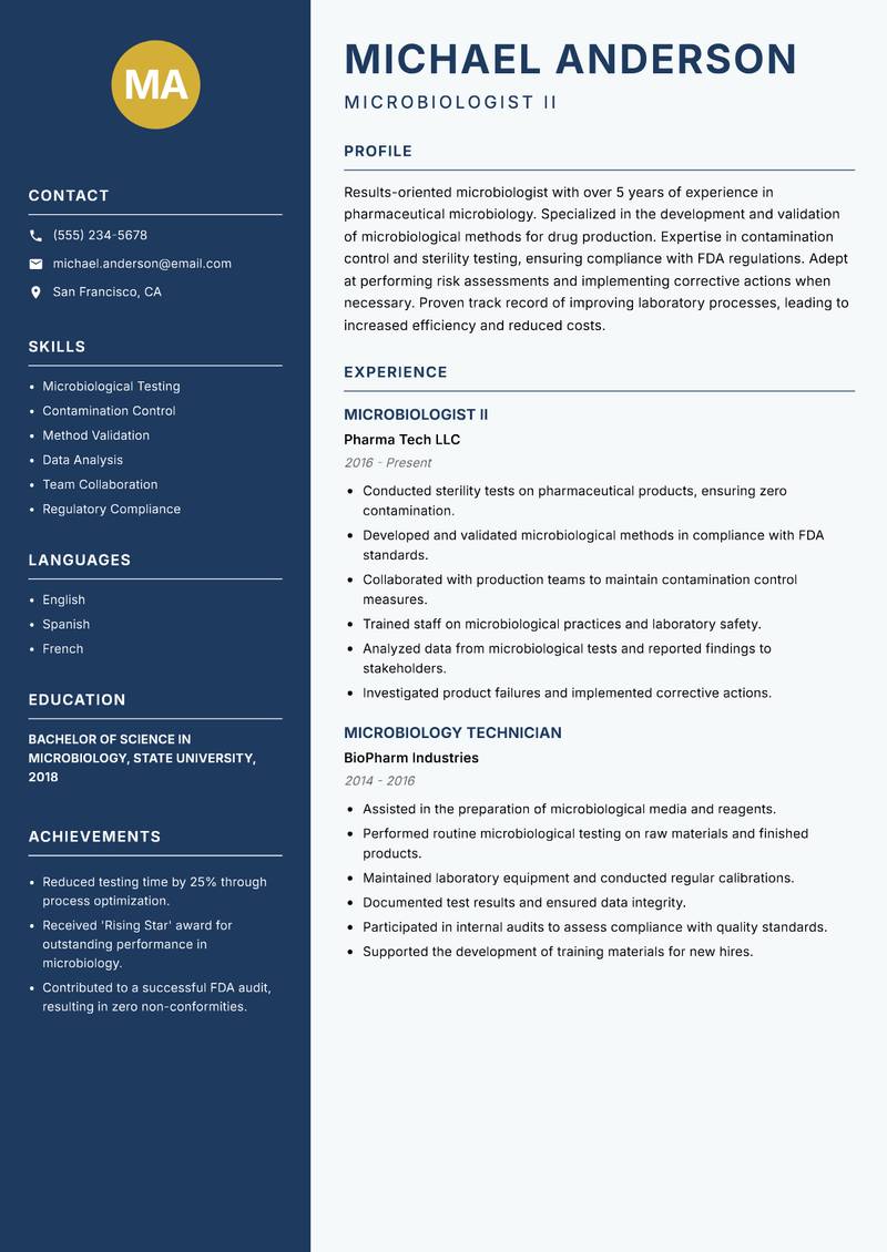 Microbiologist resume sample — Microbiologist II focus